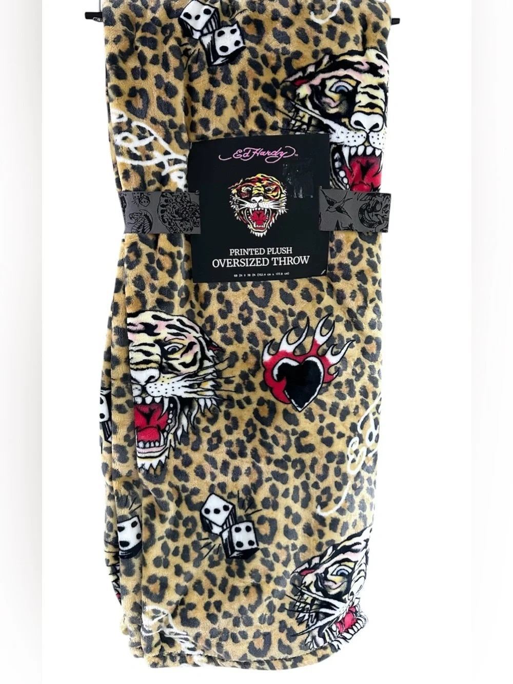 Ed Hardy Oversized Plush Throw Blanket 🤎Leopard Tiger Print 60x70 NWT Soft Cozy